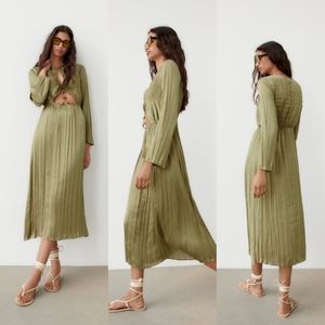 Zara Olive Green Pleated Midi Dress